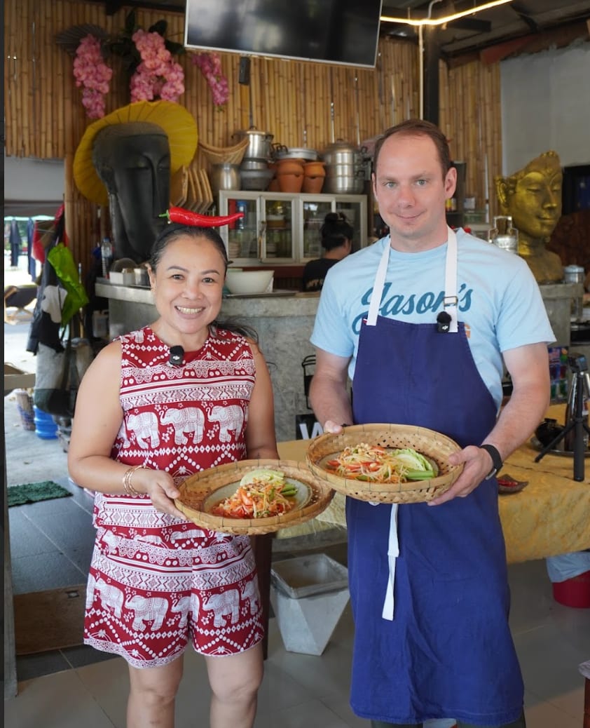 Jason making som tam with Kookai