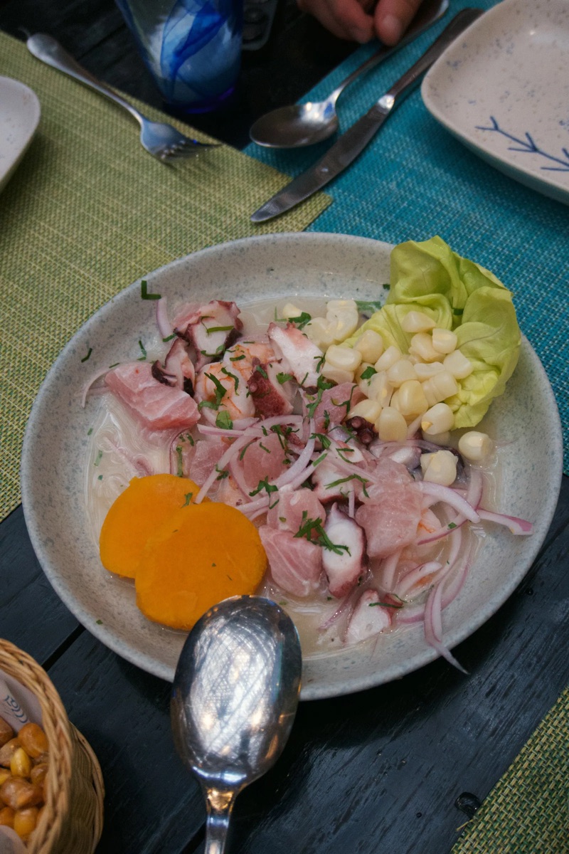 ceviche, sweet potato and choclo